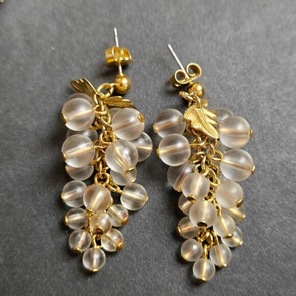Grape Cluster Pierced Earrings Gold-Tone Leaves Drop Dangle Frosted Beads - Picture 2 of 6
